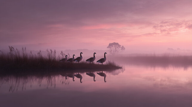 Silhouettes of wild geese on misty lake during soft pink sunrise with tranquil reflections ideal for peaceful nature and travel backgrounds