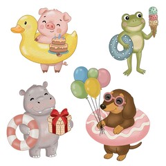 Summer birthday party set with cute animals: pig with cake on duck float, hippo with gift, frog with ice cream and dachshund with balloons.