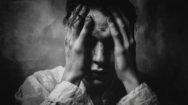 Black and white portrait of distressed man holding head in emotional despair ideal for mental health and anxiety awareness concepts