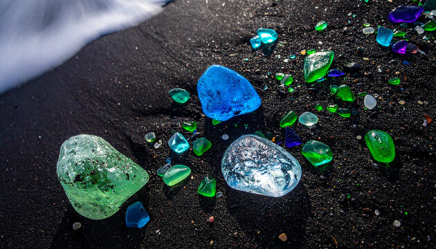 Assortment of colorful tumbled sea glass fragments glistening on a dark black sand beach with a foamy wave edge