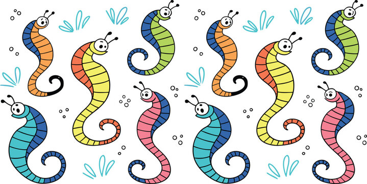 Vector illustration of a seamless floral paisley pattern featuring a cute green sea dragon serpent and stylized cobra snake art
