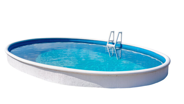 Oval above ground swimming pool with blue water and metal ladder, isolated on transparent background