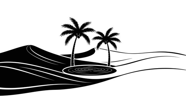 Palm Trees on Desert Oasis Island Silhouette, Contrast Black and White