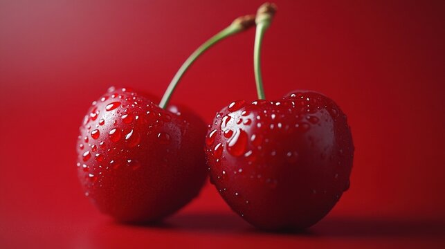 close up shot of two vibrant red cherries, each adorned with numerous small water droplets, resting on a matching red surface.