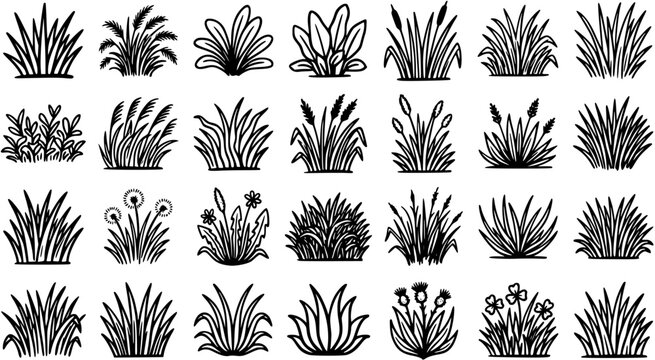 Black  White Line Art Grass and Plant Icons: A Diverse Set of Nature, Gardening, and Landscape Design Elements. Outline Glyphs of Flora Tufts, Bushes, and Weeds