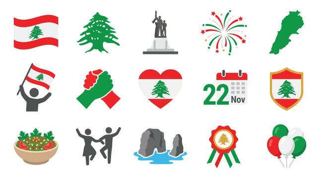 Lebanon culture and national symbols icon set, including flag, cedar tree, map, and traditional elements.