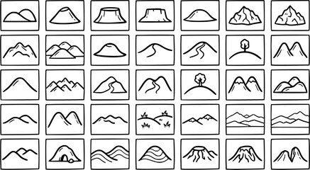 Black  White Line Art Doodle Icons: A Comprehensive Set of Mountains, Hills, Valleys, and Volcanoes, perfect for Nature, Outdoors, and Geography Projects. © victoria