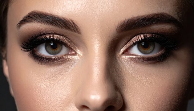 Close-up of a womans eyes with dramatic makeup and perfectly shaped eyebrows.