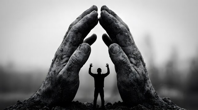 Black and white silhouette of man standing between two massive earth covered hands.
