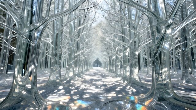 A serene winter wonderland scene with snow covered trees and a frozen path