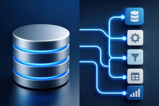 Cloud database storage and data management concept with connected analytics icons on dark blue background