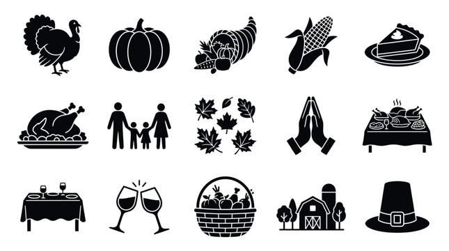 Thanksgiving Holiday Black Silhouette Icons Set Representing Traditional Autumn Harvest Celebrations.