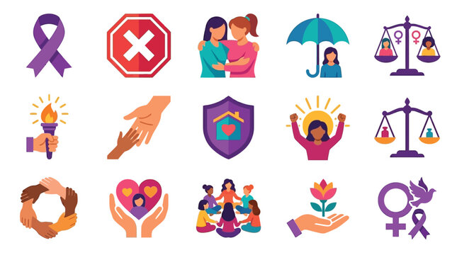 Collection of icons representing women's rights, empowerment, and social issues, including symbols for equality, support, and protection.