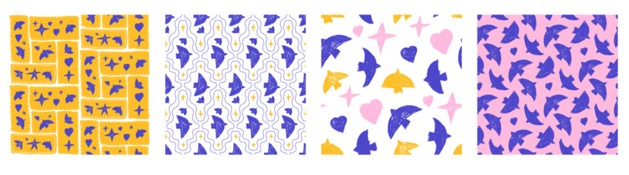 Playful bird seamless pattern for wrapping and gifting paper with pastel doodle stars. Crayon bird pattern in bento rectangle and geometric print. Hand drawn vector dove silhouette with pink and blue.