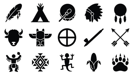 Collection of black and white icons representing Native American culture, including symbols like feathers, tipis, drums, headdresses, and animals. © GJ