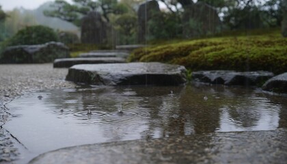 Naklejka premium Raindrops falling into a puddle on a stone path in a traditional Japanese garden