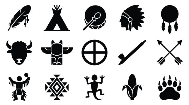 Collection of black and white icons representing Native American culture, including symbols like feathers, tipis, drums, headdresses, and animals.