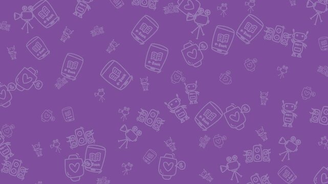 Abstract technologythemed illustration with purple background and entertainment icons. Ideal for digital marketing content or technologyrelated designs needing a pop of color.