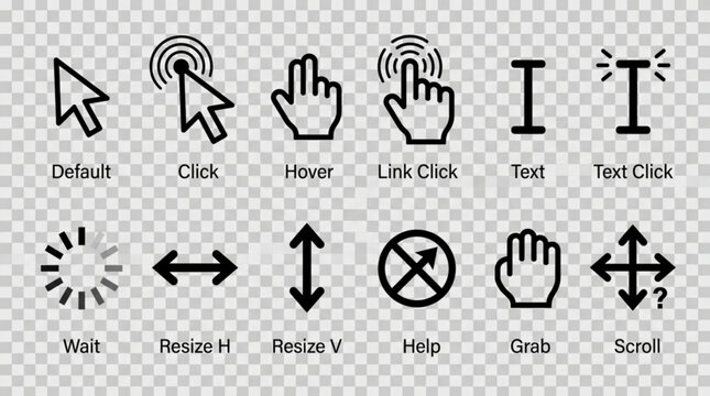 A set of 12 black and white computer mouse cursor icons on a transparent background for various actions and interactions
