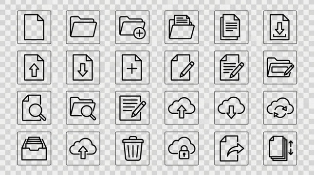 Collection of 25 black and white line style file management icons