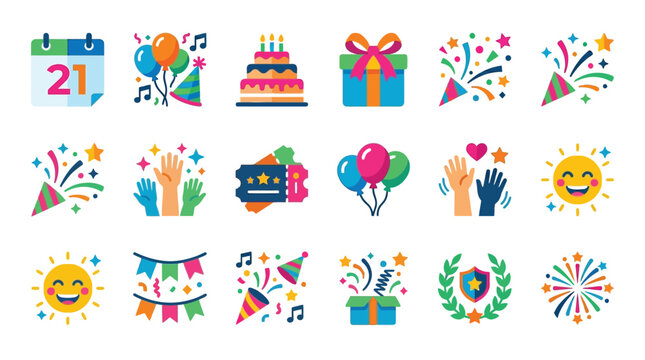 A vibrant collection of colorful icons representing various celebration and party elements, including a calendar, balloons, cake, gifts, confetti, and more.