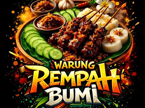 A vibrant display of grilled meat skewers with vegetables and sauces on a plate at Warung Rempah Bumi restaurant