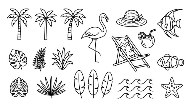 Minimal tropical summer icons set black outline exotic nature vector illustration