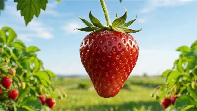 video of view of strawberry bushes with red berries framing open sky and fields with planting beds.for banners, advertising related to fruit markets, gardening products, or spring seasonal campaigns
