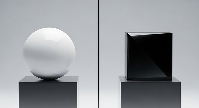 Minimalist composition with white sphere and black cube on pedestals.