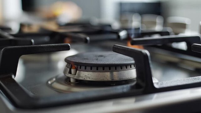 Closeup of a gas stove burner with blue flames ignited.