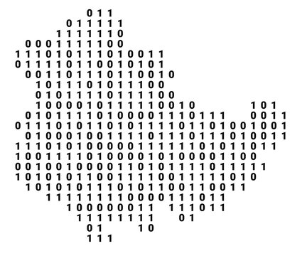 Digital Map of the Bundesland Thueringen (Germany) showing the territory with a binary pattern of 0 and 1