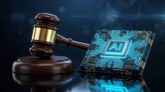 A conceptual image of artificial intelligence and justice with a computer chip and wooden gavel.