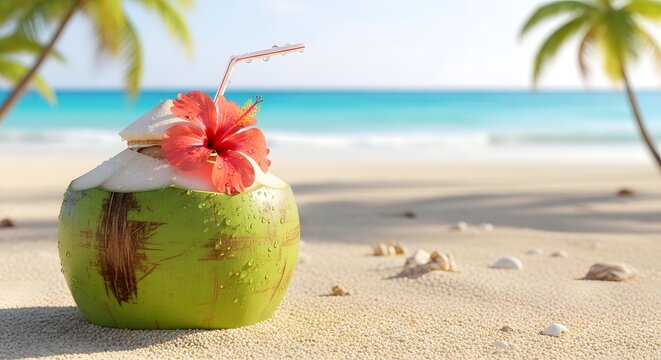 A refreshing coconut drink with a pink flower on a tropical beach with palm trees and seashells scattered around