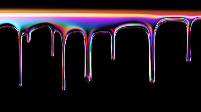 Hypnotic motion of viscous, iridescent liquid chrome dripping from the top of the screen against a pitch-black void. The liquid shifts colors in a smooth rainbow gradient.