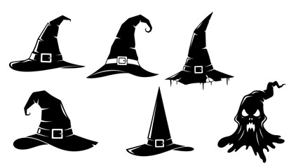 Fototapeta premium Collection of Black Silhouetted Halloween Witch Hats and a Spooky Ghost Illustration