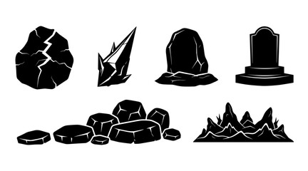 Silhouette Collection of Halloween and Spooky Elements: Tombstones, Rocks, and Crystals © MDSHOFIULAZAM