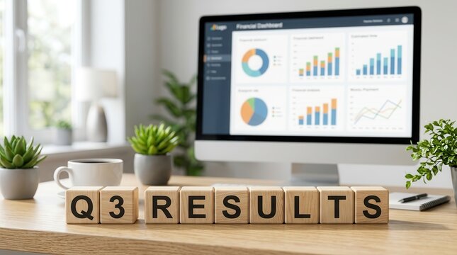 Business metrics and Q3 results presented on a wooden desk in a modern office environment.