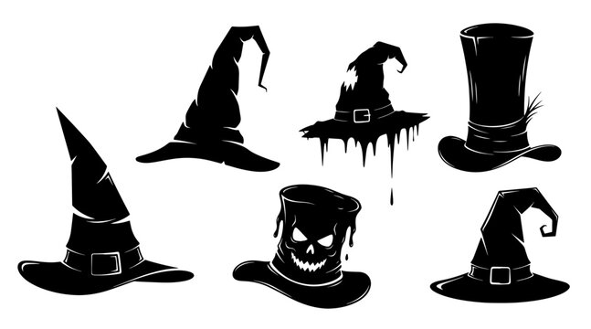 collection of six halloween witch hats silhouettes, spooky and magical, black isolated on white background