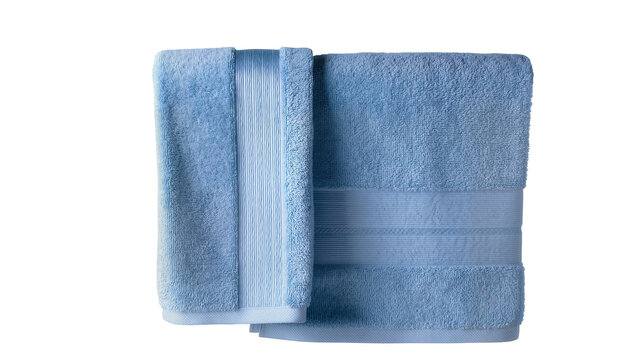 Two soft blue terry cloth towels with ribbed bands, isolated on transparent background