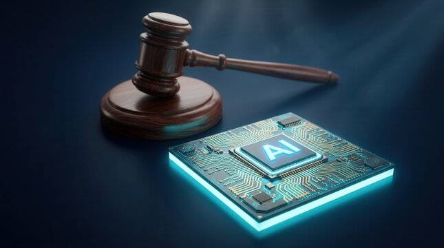 Symbolic representation of law and order using a judge gavel and an AI processor CPU.