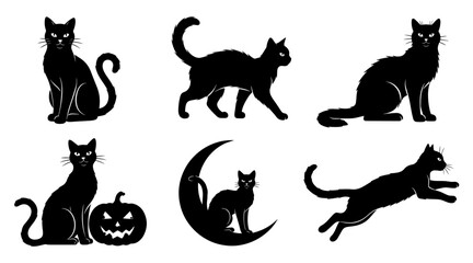Set of Six Black Cat Silhouettes with Moon and Pumpkin, Diverse Poses on White Background © MDSHOFIULAZAM