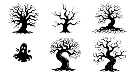 Obraz premium Set of Six Spooky Silhouette Haunted Trees and Ghost, Isolated on White Background, Halloween Theme