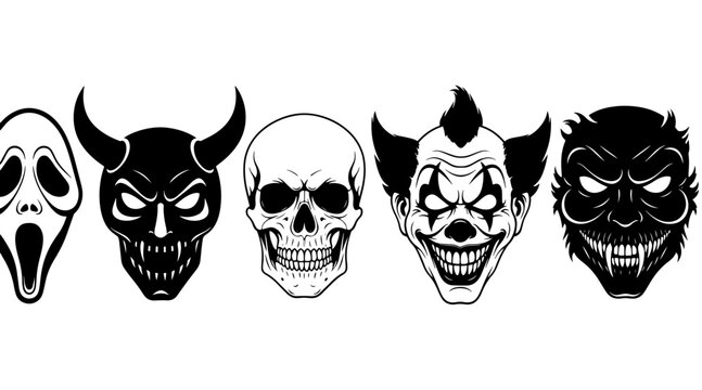 Collection of Halloween masks including ghost face, devil, skull, clown and monster, black silhouette on white background