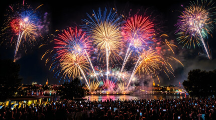 Obraz premium Colorful vibrant fireworks display lighting up the night sky over city water