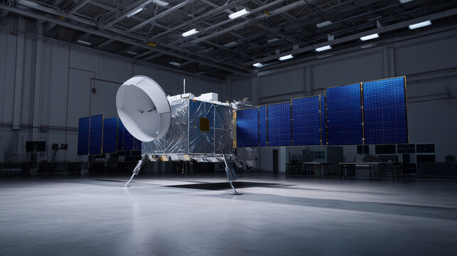 Satellite spacecraft with solar panels inside aerospace assembly hangar, engineering technology and space mission preparation concept satellite, spacecraft, aerospace engineering,