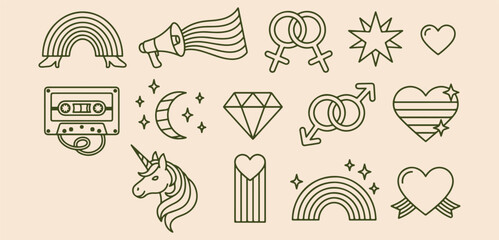 Magic pride doodles, mystical vector symbols, hand drawn unicorn, rainbow heart icons, diamond star elements, celestial line art, whimsical dream graphics   © Geetaroy