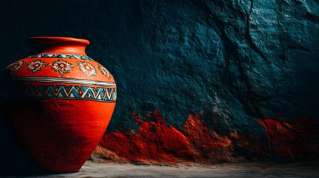 Artistic clay pot with floral pattern against textured blue background exudes cultural artistry.