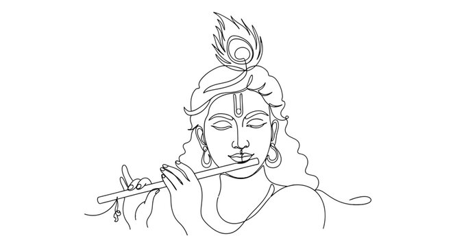 Elegant line art of a revered spiritual figure playing a flute with a peacock feather adornment in her hair reflecting divine