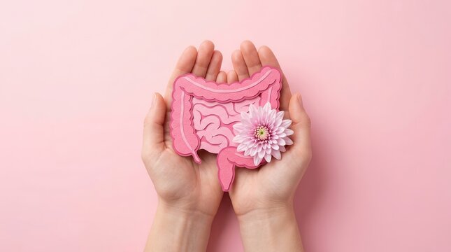 Healthy colon and stomach wellness represented by an intestine shape and delicate flowers.