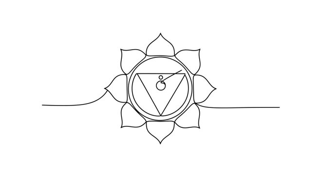 Elegant minimalistic line art of a mystical geometric sun mandala with chakra symbols for spiritual and holistic wellness